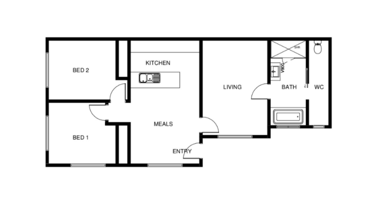 Een plattegrond met twee slaapkamers, een keuken, een woonkamer, een badkamer en een eethoek.