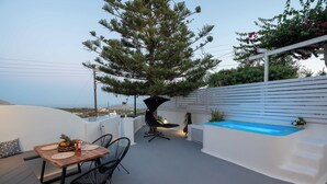 Eine Dachterrasse mit Esstisch, Stühlen, einem Whirlpool und einem großen Baum.