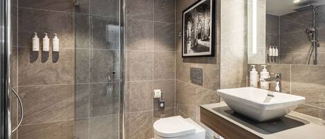 A modern bathroom with a glass shower enclosure, a large sink, and a toilet.