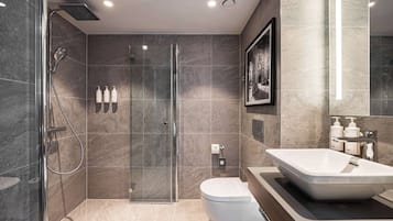 Un baño moderno con ducha envuelta en vidrio, un lavabo blanco y un inodoro.