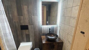 A bathroom with a toilet, a wooden vanity with a mirror, and a small trash bin. - The Cabin at the lodge (Sodus Point)