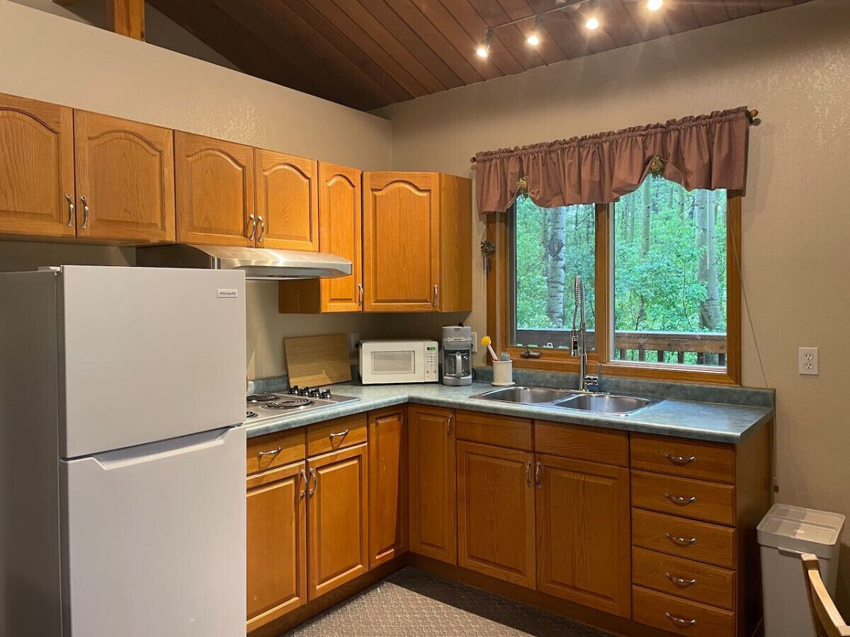 Frigorífico, microondas, placa de cocina y cafetera o tetera