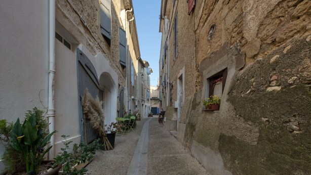 A narrow alleyway with buildings on either side, some with balconies and potted plants.