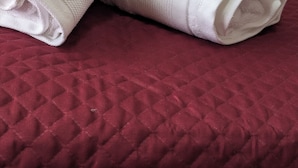 Two rolled white towels on a red quilted bedspread. - CAPORELLA Dimora della via Appia (Potenza)