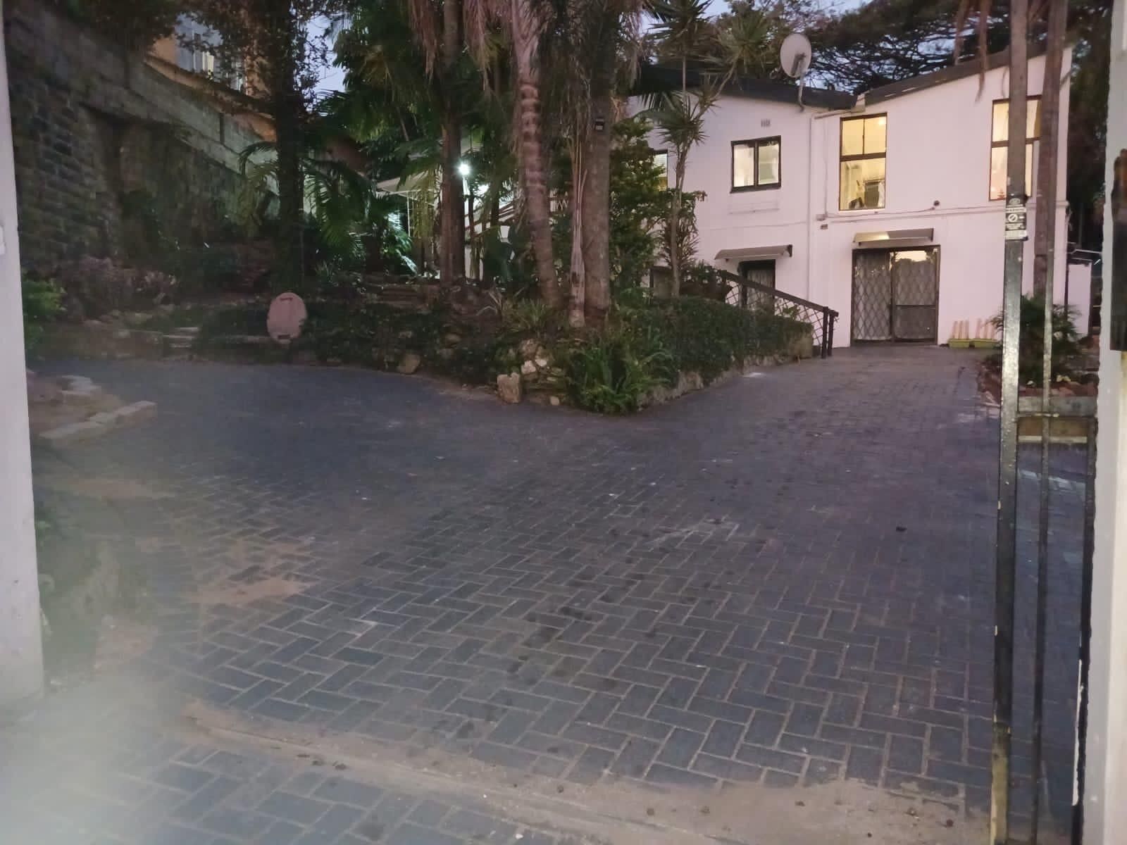 Un camino pavimentado que conduce a una entrada porticada de un edificio, con una antena parabólica, rodeado de palmeras y follaje.