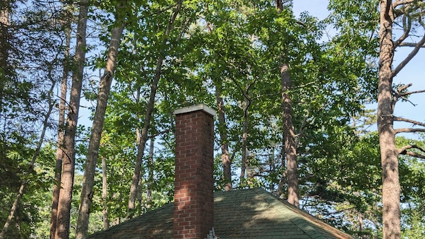 A small cabin with a brick chimney, surrounded by tall trees.