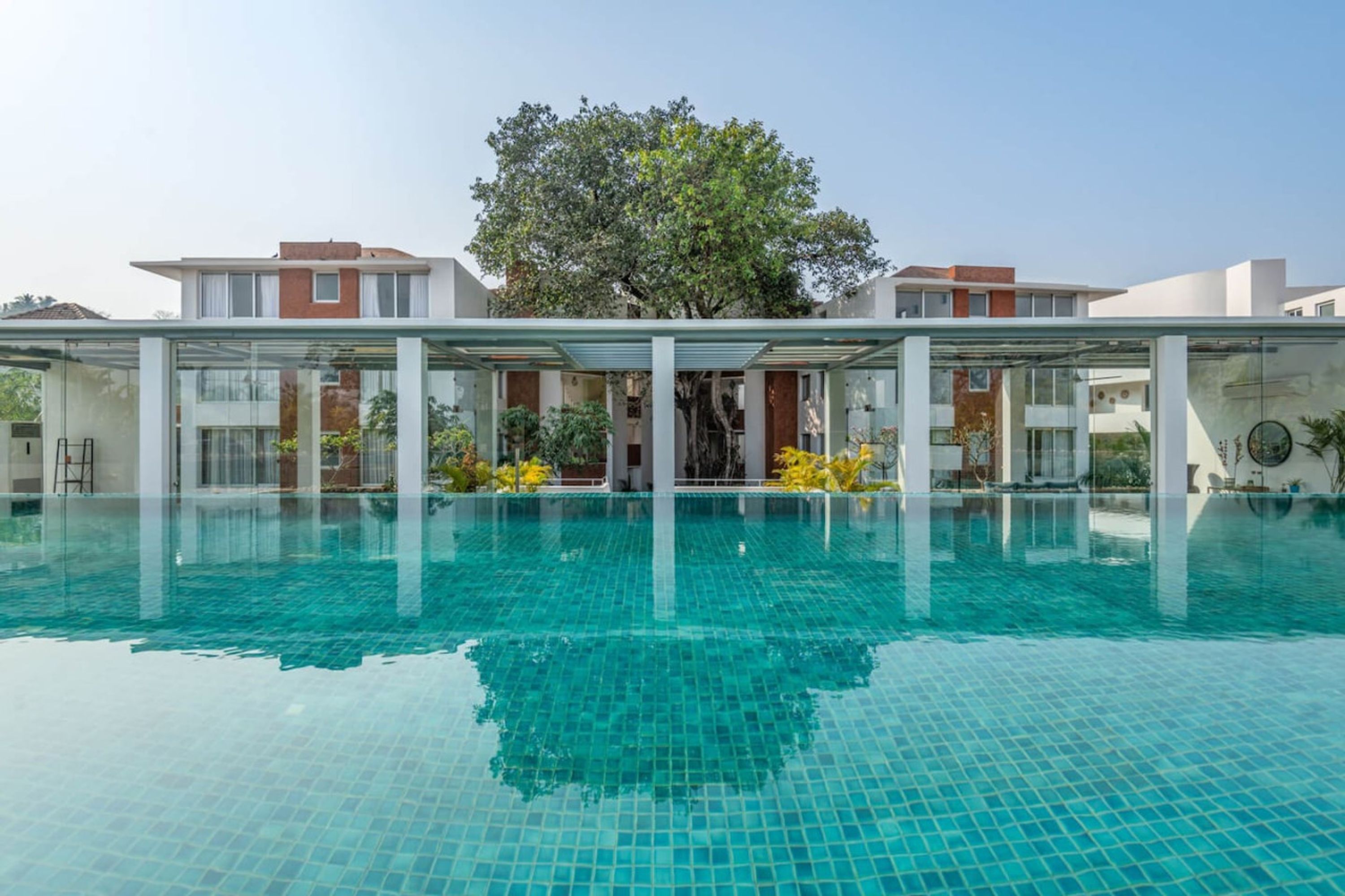 Een modern hotel met een zwembad, een overdekt terras en een grote boom op de achtergrond.