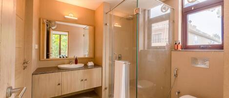 A modern bathroom with a glass-enclosed shower, a sink with a mirror, and a toilet.