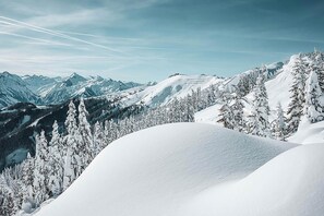 A snow-covered mountain landscape with dense forests and clear skies. - Haus Katharina - Dorfblick (Kaprun)