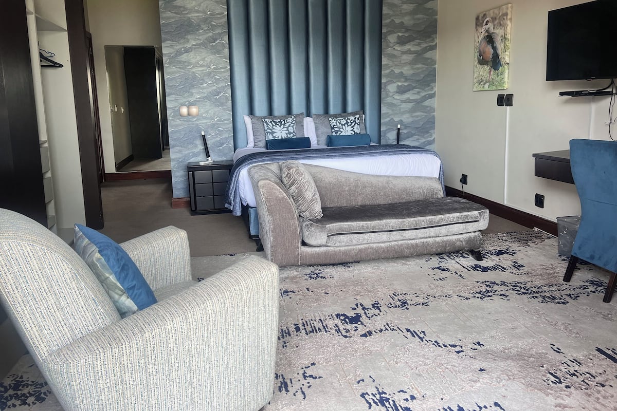 A modern bedroom with a large bed, a sofa, a TV, and a patterned rug.