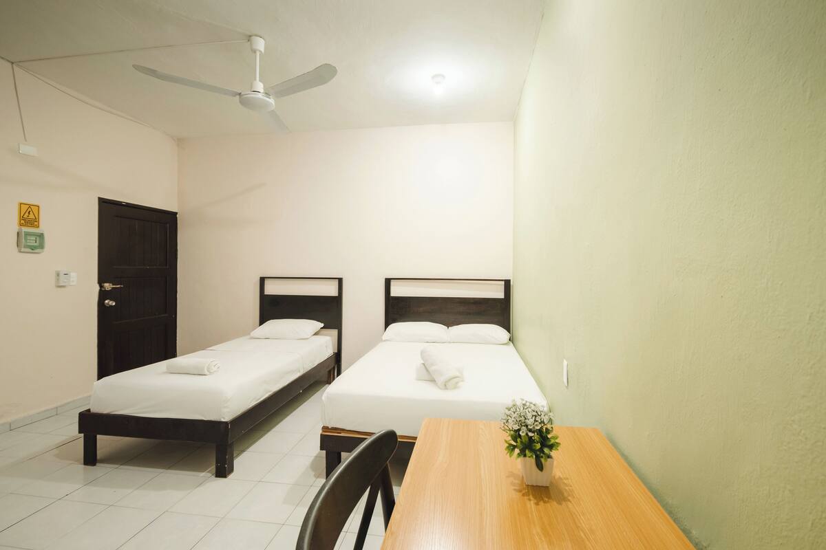 A room with two beds, a ceiling fan, a table with a vase, and a door.