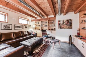 Smart TV, chimenea, reproductor de DVD, libros