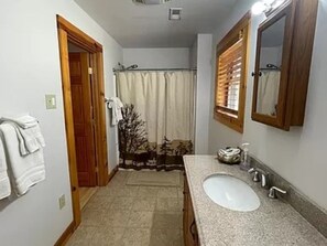 Douche, baignoire à remous, séchoir à cheveux, serviettes fournies