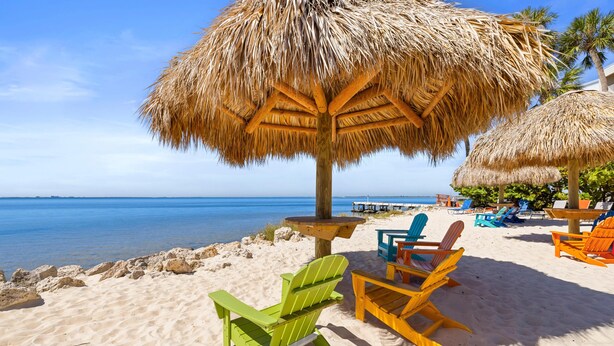 A beach with thatched umbrellas, colorful Adirondack chairs, and a view of the ocean. - 2BR/2BA Condo w/ Bay View, King & Queen Beds (Tampa)