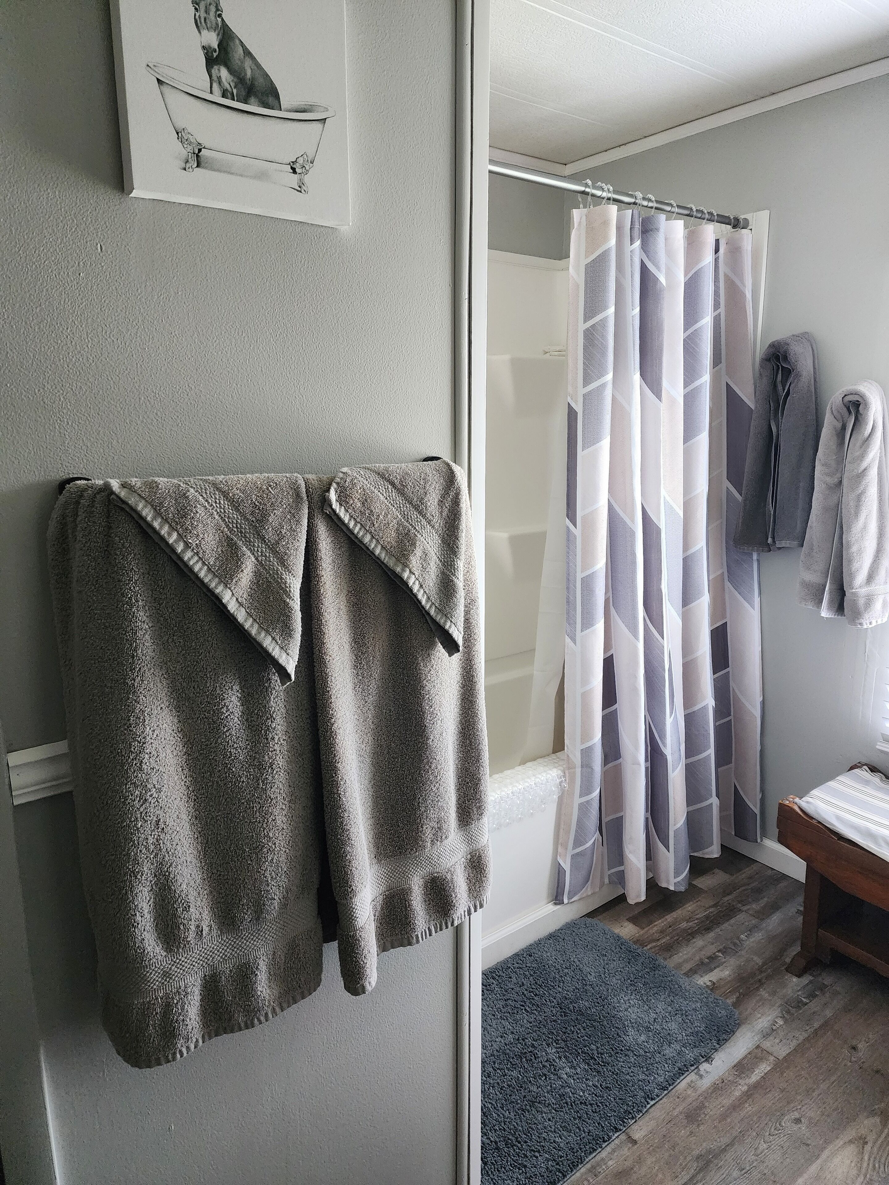 Hair dryer, towels, soap, shampoo