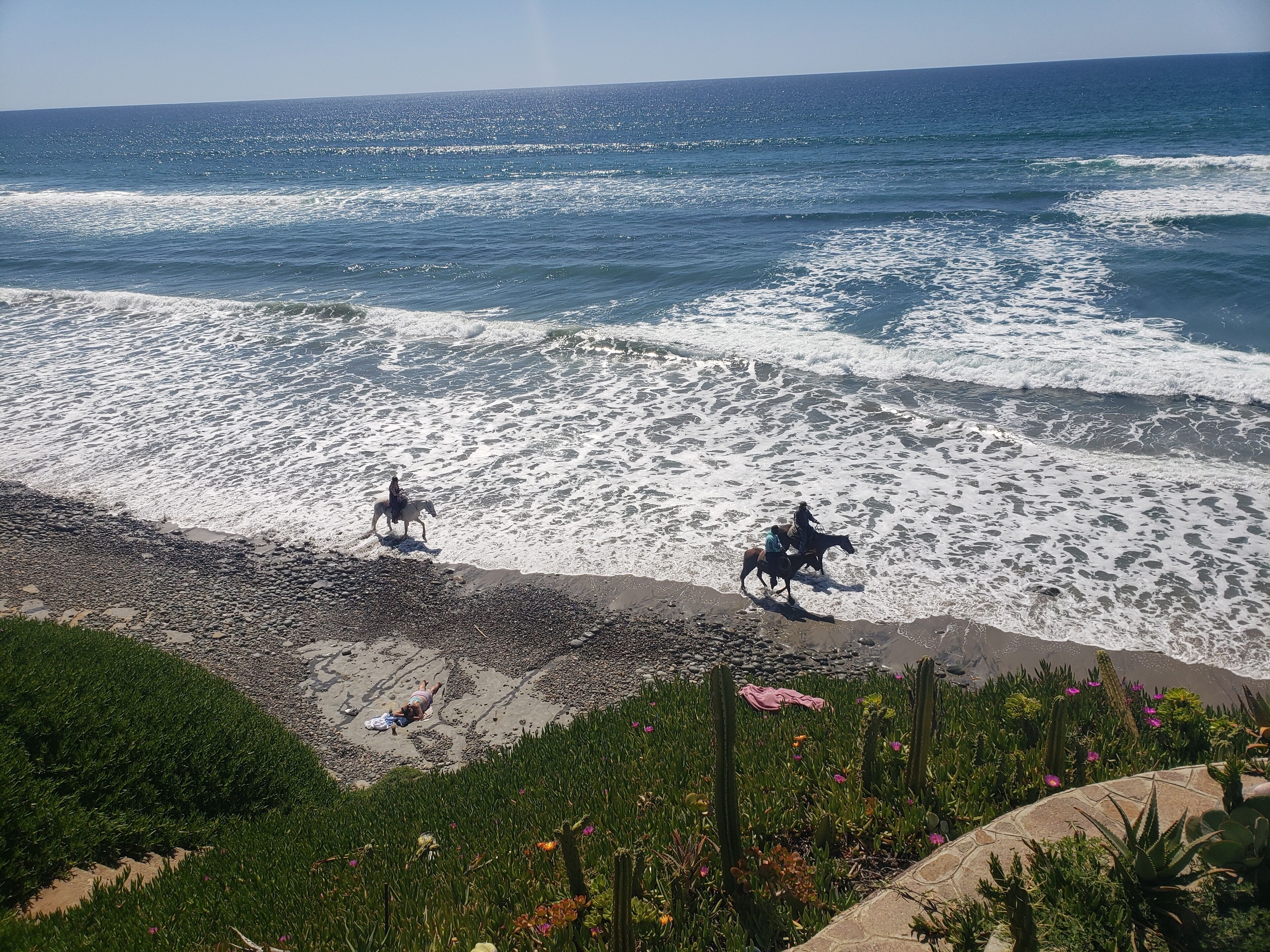 On the beach, sun loungers