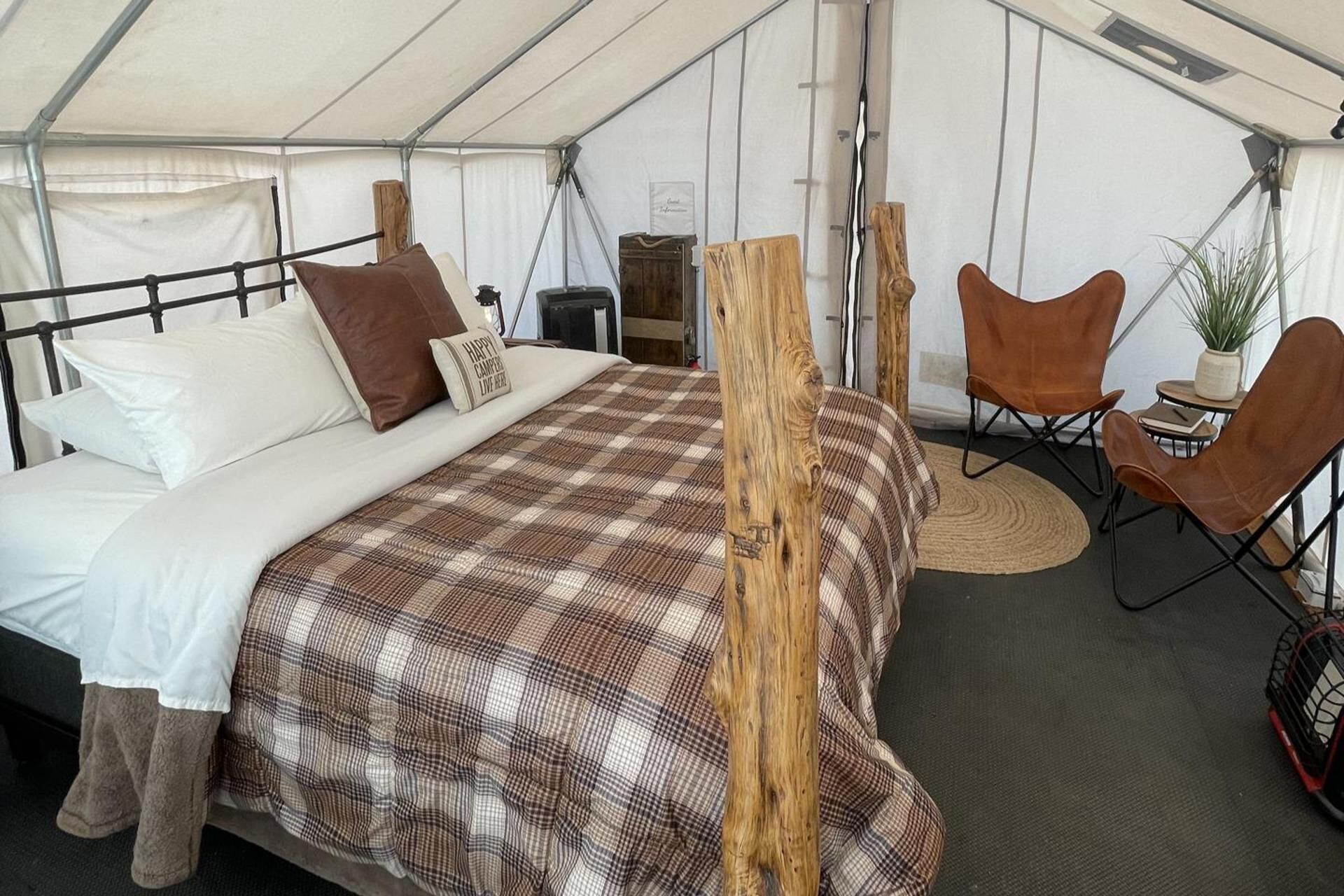 Une pièce aménagée avec une tente, un lit, deux chaises, une petite table et une plante en pot.