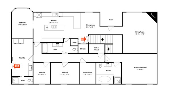 Plano de planta de un hotel que muestra un dormitorio de 3,05 x 4,47 metros, una cocina, un comedor, una sala de estar, un dormitorio principal, una habitación adicional y un baño privado.