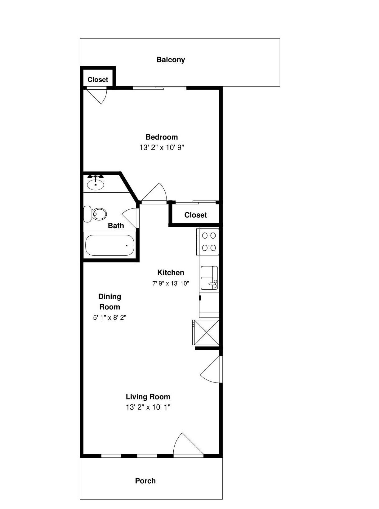 A floor plan with a bedroom, bathroom, kitchen, dining room, living room, and balcony.