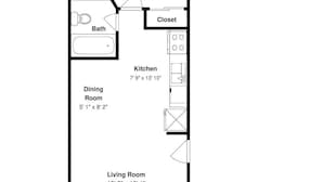 Un plan d’étage comprenant une chambre, une salle de bain, une cuisine, une salle à manger, un salon et un balcon.