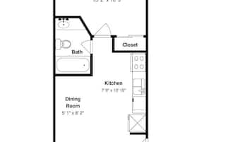 A floor plan with a bedroom, bathroom, kitchen, dining room, living room, and balcony.