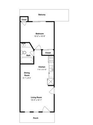 A floor plan with a bedroom, bathroom, kitchen, dining room, living room, and balcony. - Kontiki Beach #221 by Miss Kitty’s (Rockport)