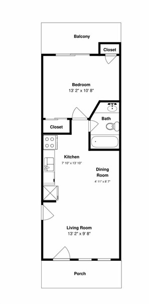A floor plan of a house with a balcony, bedroom, closet, kitchen, dining room, living room, bathroom, and porch. - Kontiki Beach #222 by Miss Kitty’s (Rockport)