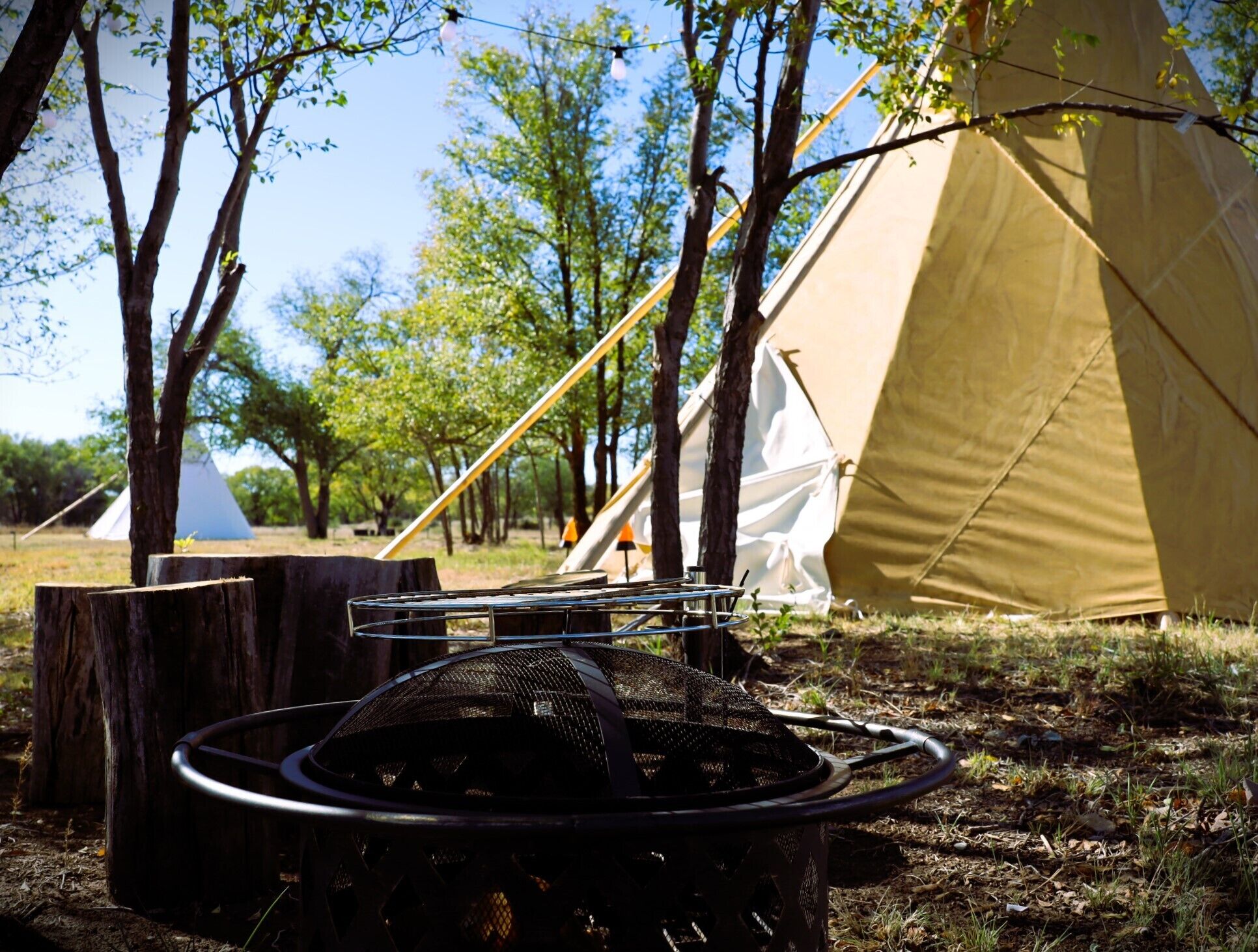 Un camping con tiendas de campaña y un hornillo portátil.