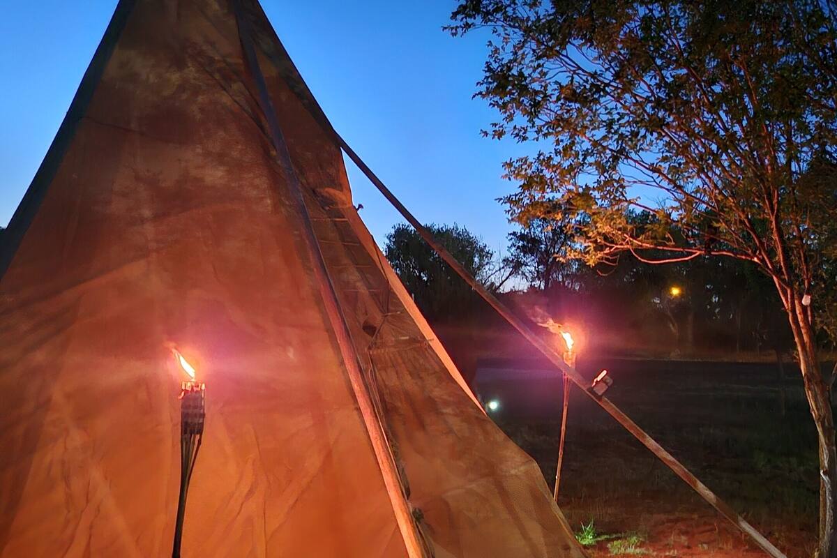 A tipi with a fire inside, surrounded by trees and a clear sky.