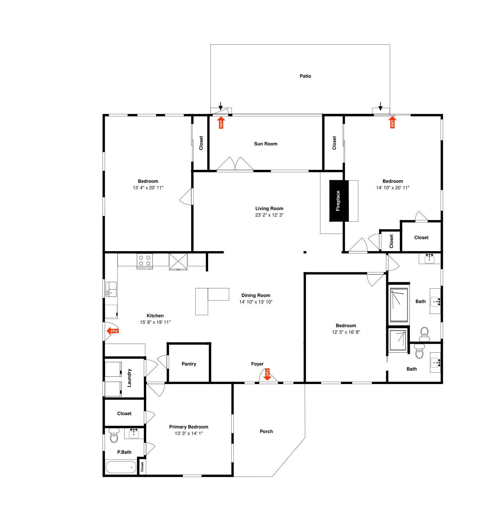 A floor plan with a living room, dining room, kitchen, two bedrooms, a bathroom, a pantry, a foyer, and a patio.