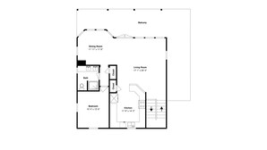 Een plattegrond met een eetkamer, woonkamer, slaapkamer, badkamer en keuken.