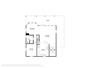 Een plattegrond met een balkon, eetkamer, woonkamer, slaapkamer, badkamer en keuken.