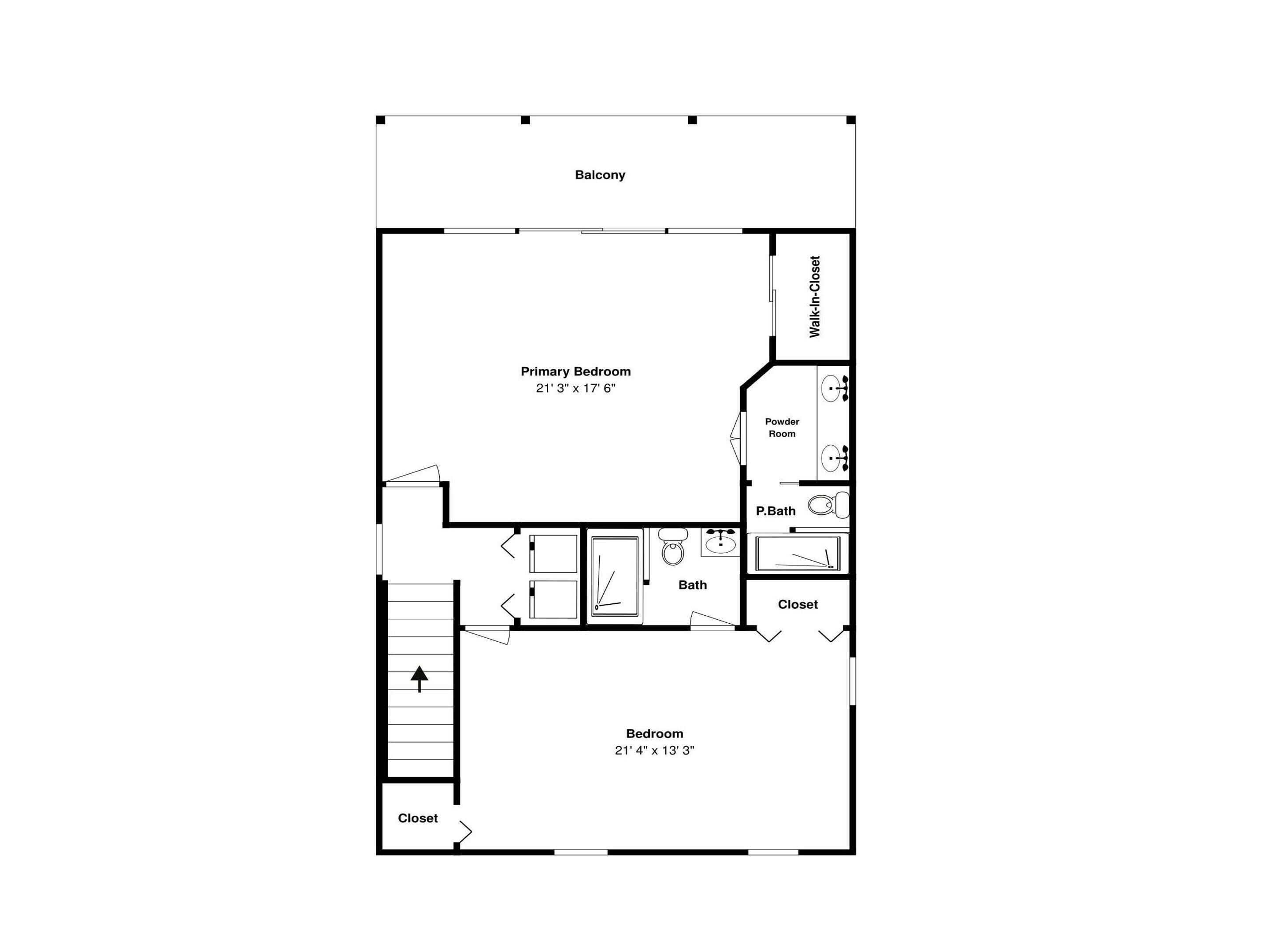 Een plattegrond van een hotelkamer met balkon, een slaapkamer van 6,4 meter bij 5,3 meter, een gasten toilet, een badkamer, een P.Bath en een inloopkast.
