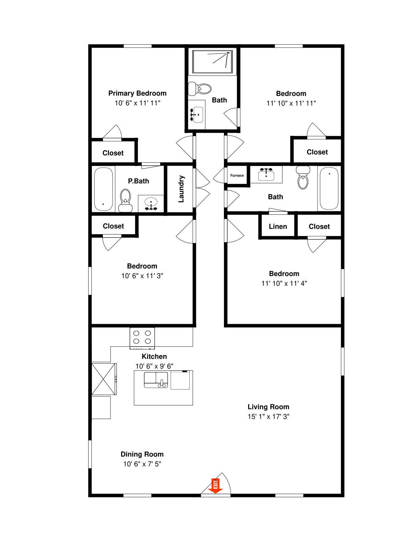 Grundriss eines Hauses mit zwei Schlafzimmern, einem Badezimmer, einem Waschraum, einer Küche, einem Esszimmer und einem Wohnzimmer.