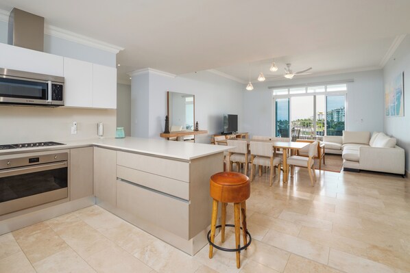 Fridge, microwave, oven, dishwasher