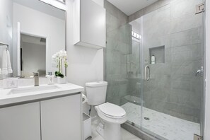 Shower, hair dryer, towels, soap