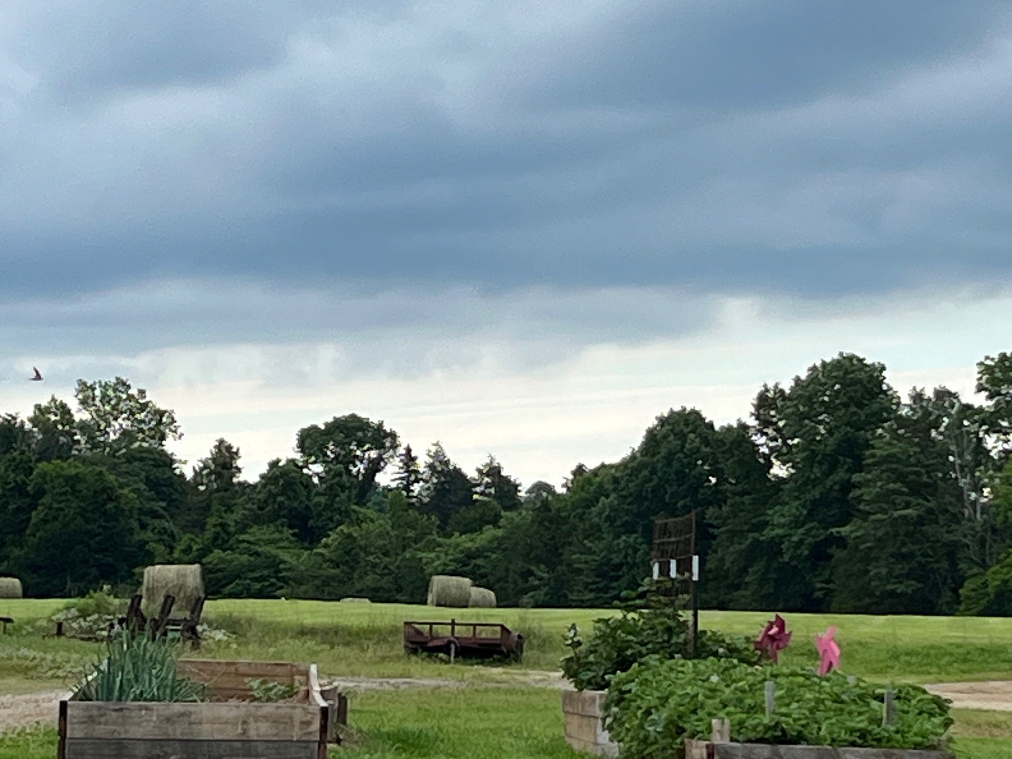 Un paysage rural avec des bottes de foin, des jardinières en bois et un panneau indicateur.