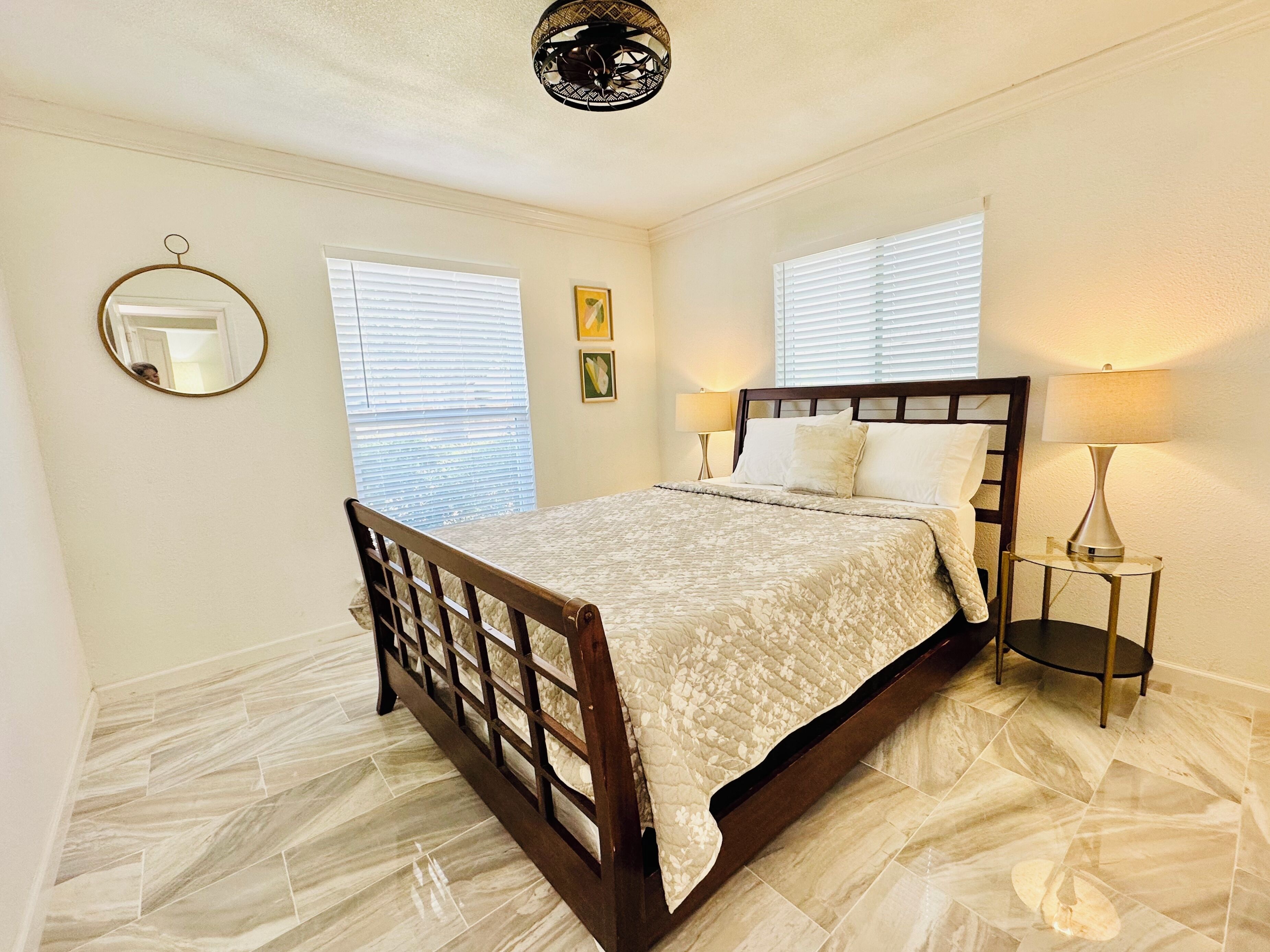 Bedroom with queen bed.
