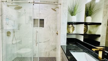 Hair dryer, towels, soap, shampoo