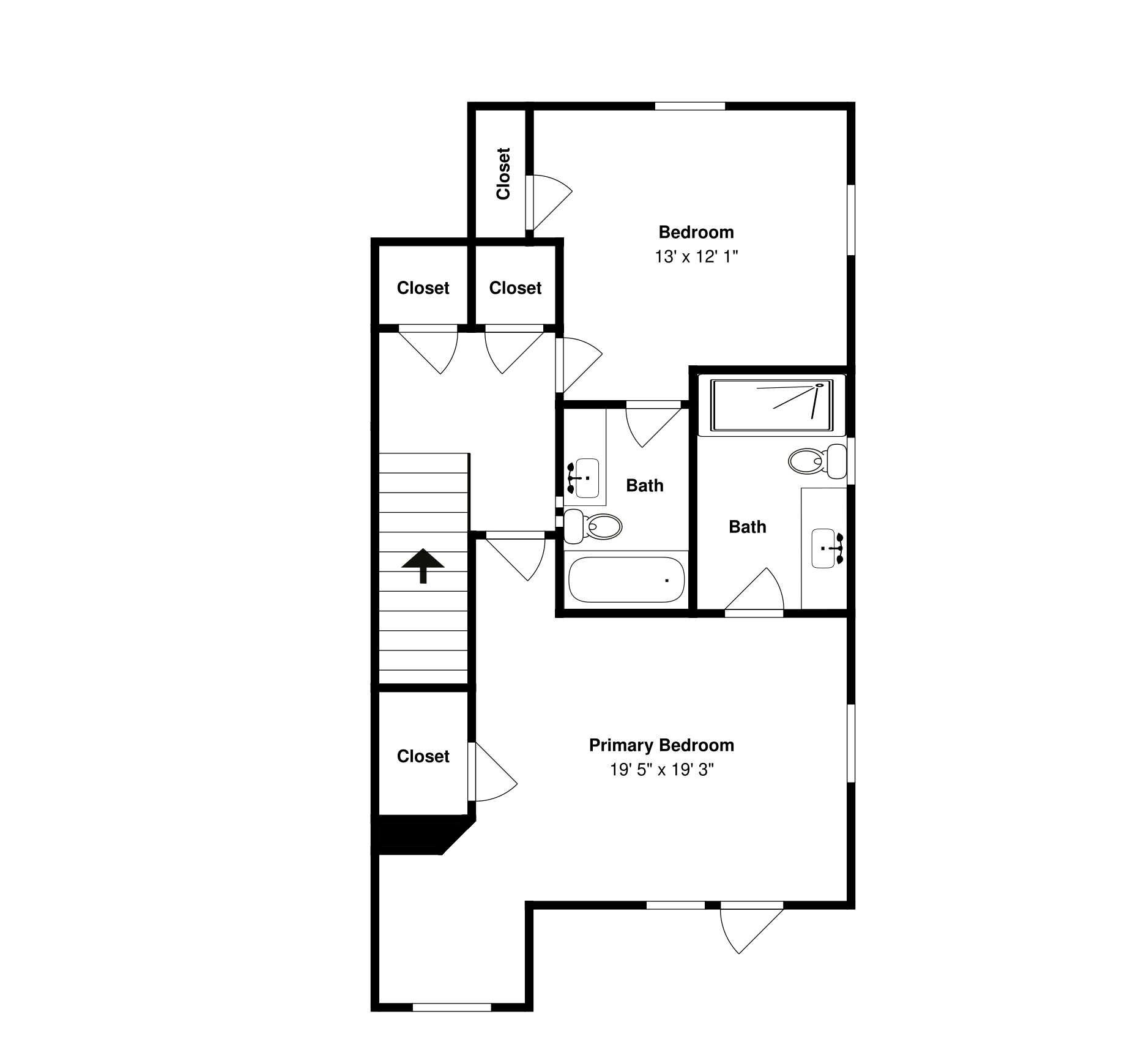 A floor plan with a bedroom measuring 13' x 12', a primary bedroom measuring 19' 5' x 19' 3', and two bathrooms.