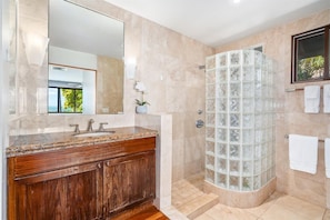 Shower, hair dryer, towels