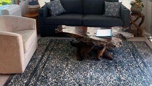 A cozy living room with a dark sofa, patterned rug, and a ceiling fan. - The Hideaway Cabin #63 (Gold Beach)