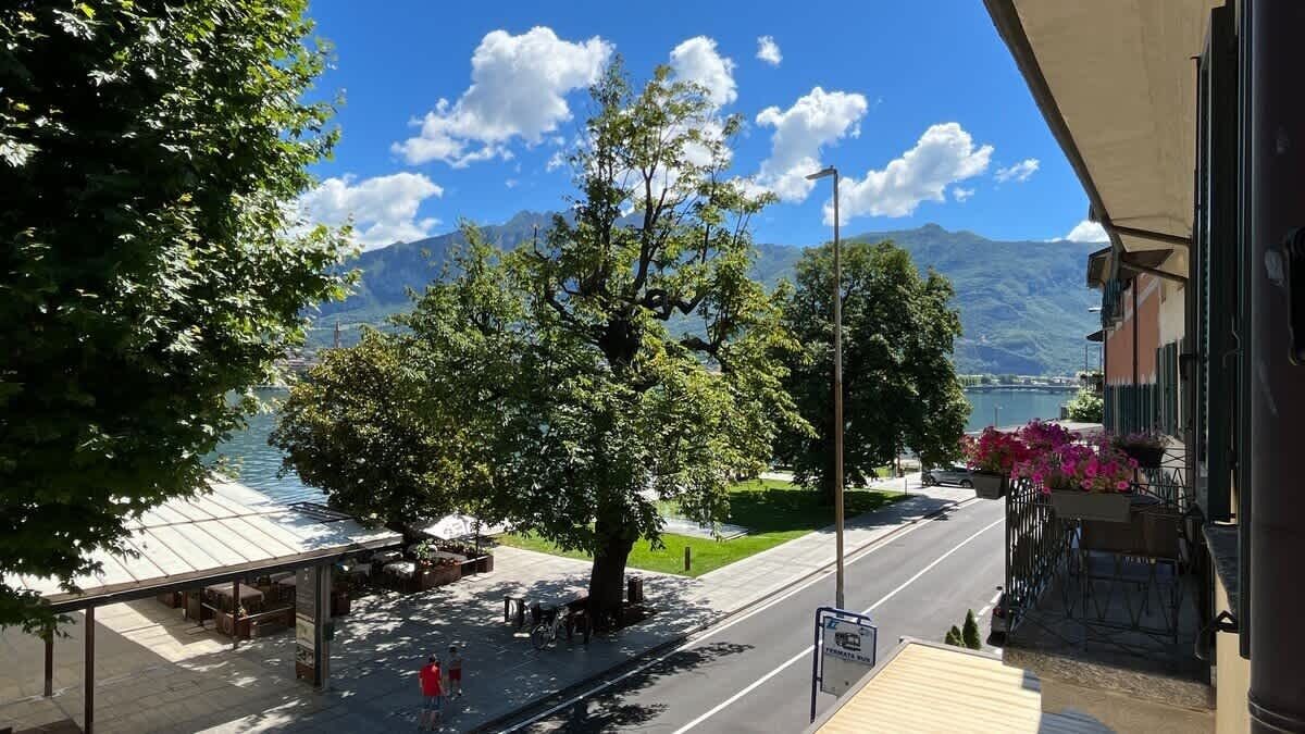 Vista de una calle junto al lago con un árbol, un banco y un edificio con balcón.