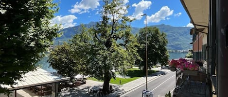 A view of a lakeside street with a tree, a bench, and a building with a balcony.