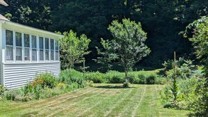 Une propriété résidentielle dotée d’une pelouse bien entretenue, d’une maison aux grandes fenêtres et, en arrière-plan, d’une forêt dense.