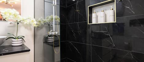 Shower, hair dryer, towels