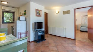 Un espacio habitable pequeño con kitchenette, televisión y zona de comedor.