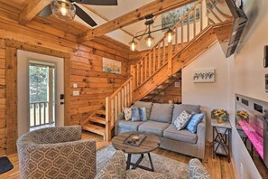 Smart TV, fireplace - Secluded Creekside Cabin w/ Hot Tub, Screened Porch (Purlear)