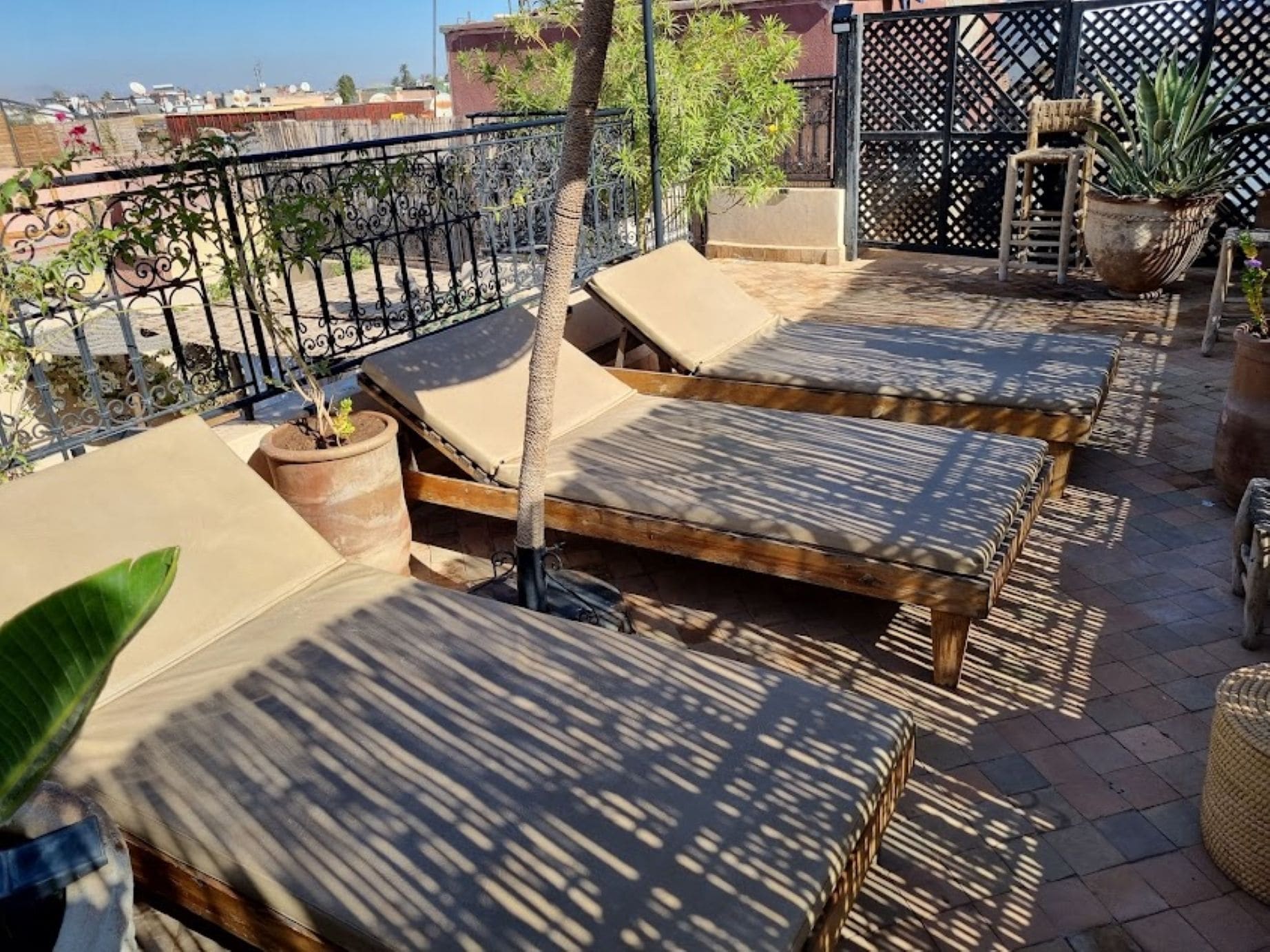 A rooftop terrace with lounge chairs, potted plants, and a view of the cityscape.
