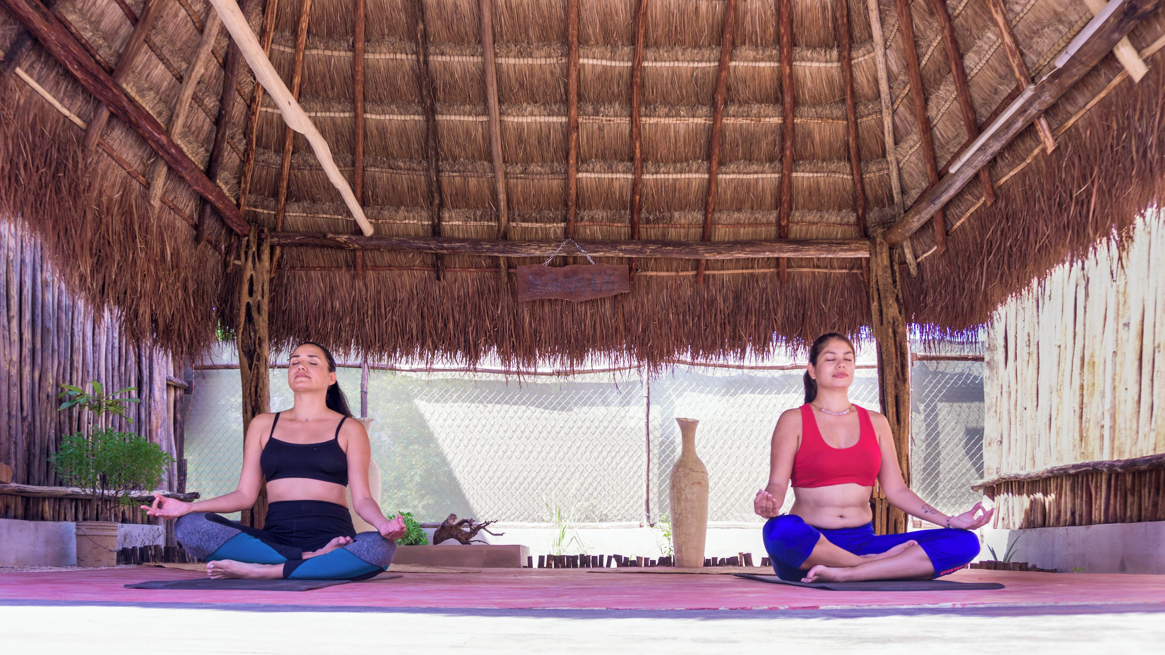 Two individuals seated in a thatched-roof structure, likely a yoga or meditation area, with a view of a fence and greenery outside.